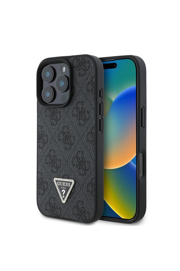 Guess İphone 16 Pro Kılıf Lisanslı Pu Deri Taşlı Üçgen Logo 4G Desenli Strass Kapak Siyah - Image 1