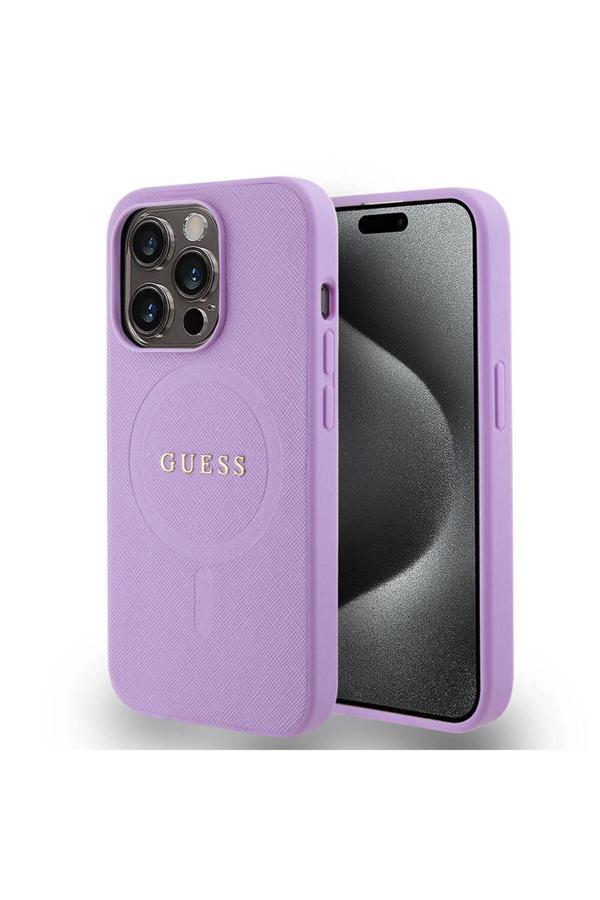 Guess İphone 15 Pro Uyumlu Kılıf Lisanslı Magsafe Şarj Özellikli Yazı Logolu Saffiano Kapak Mor - Image 1