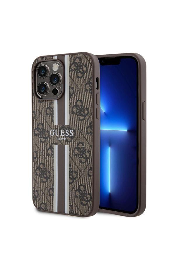 Guess 14 Pro Max Uyumlu Kılıf Lisanslı Magsafe Şarj Özellikli 4G Şerit Tasarımlı Printed Kahverengi - Image 1