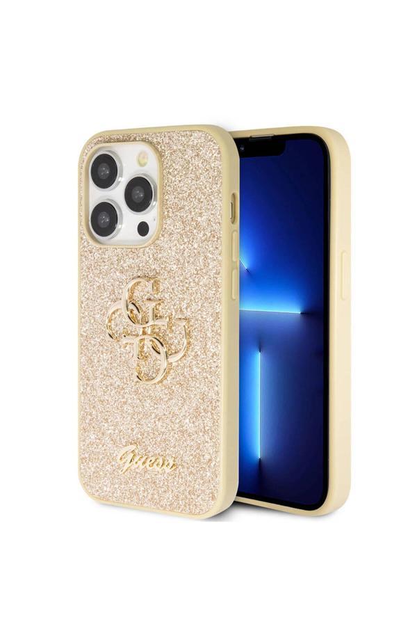 Guess İphone 14 Pro Max Uyumlu Kılıf Lisanslı 4G Büyük Metal Logolu Glitter Kapak Gold - Image 1