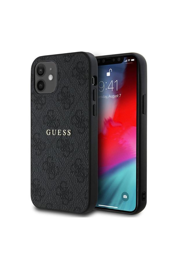 Guess İphone 12 Uyumlu Kılıf Lisanslı Magsafe Şarj Özellikli 4G Desen Yazı Logolu Kapak Siyah - Image 1