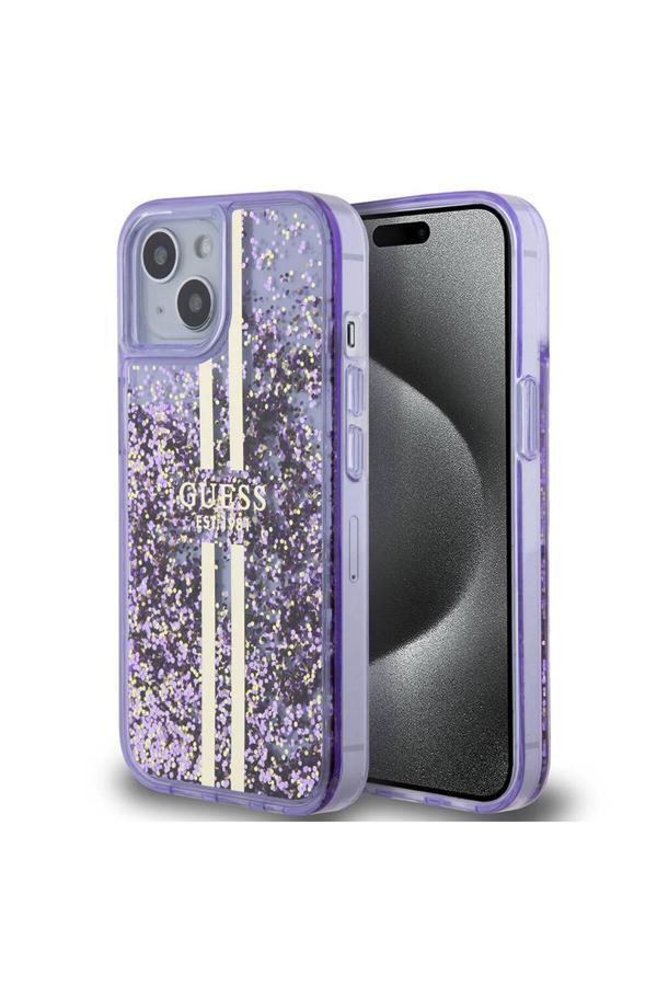 Guess İphone 15 Uyumlu Kılıf Lisanslı Transparan Sıvılı Simli Altın Çizgili Kapak Mor - Image 1