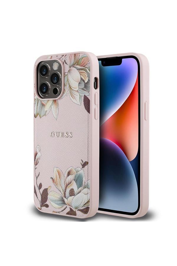 Guess İphone 14 Pro Max Uyumlu Kılıf Lisanslı M-Safe Özellikli Taneli Çiçek Tasarımlı Metal Pembe - Image 1