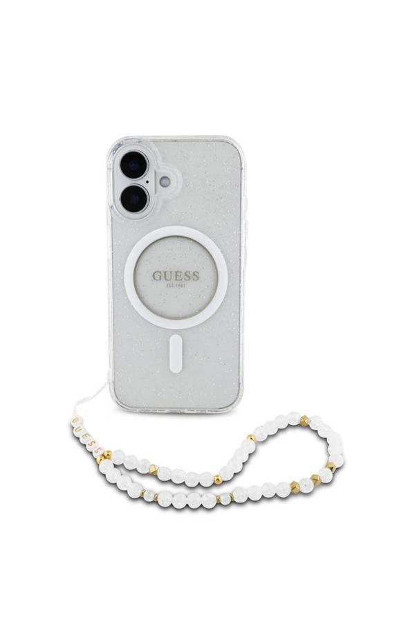 Guess İphone 16 Plus Kılıf Lisanslı Magsafe Özellikli Simli Silikon İnci Bileklikli Şeffaf - Image 1