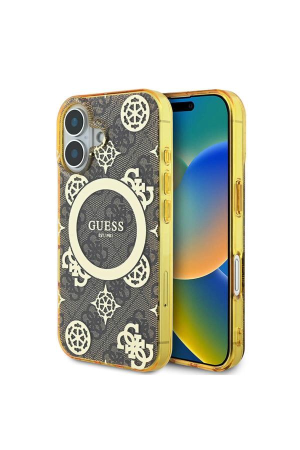 Guess İphone 16 Uyumlu  Lisanslı Magsafe Özellikli 4G Desenli Iml Yazı Logolu Peony Kahverengi - Image 1