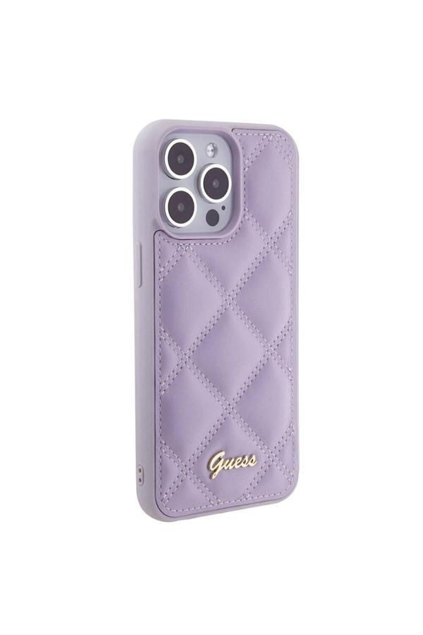 Guess İphone 15 Pro Max Uyumlu Kılıf Lisanslı Pu Deri Metal Yazı Logolu Kapitone Açık Mor - Image 1