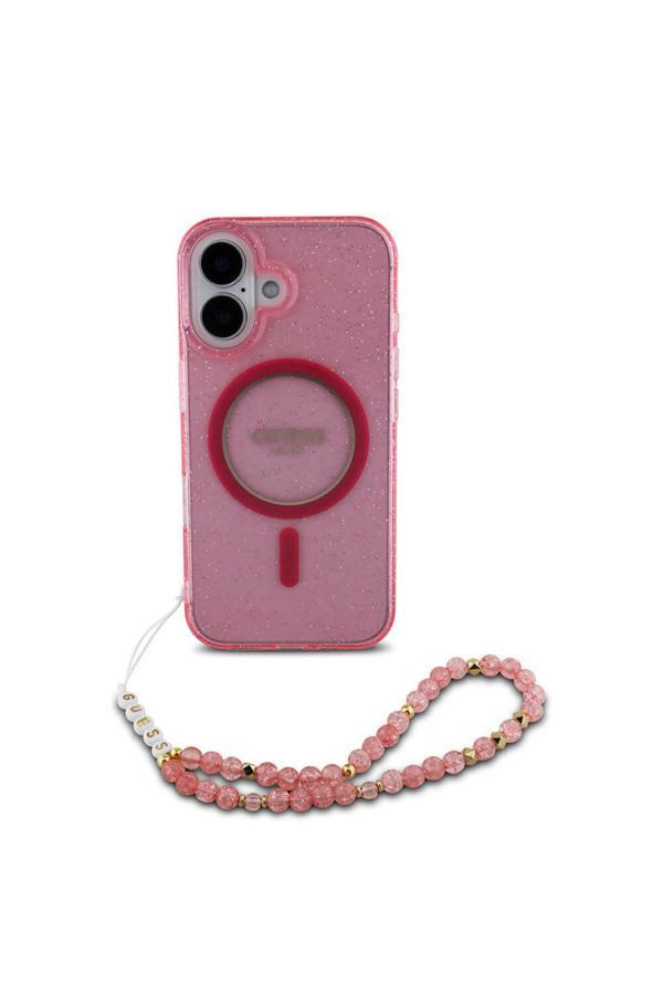 Guess İphone 16 Uyumlu Kılıf Lisanslı Magsafe Özellikli Simli Silikon İnci Bileklikli Pembe - Image 1