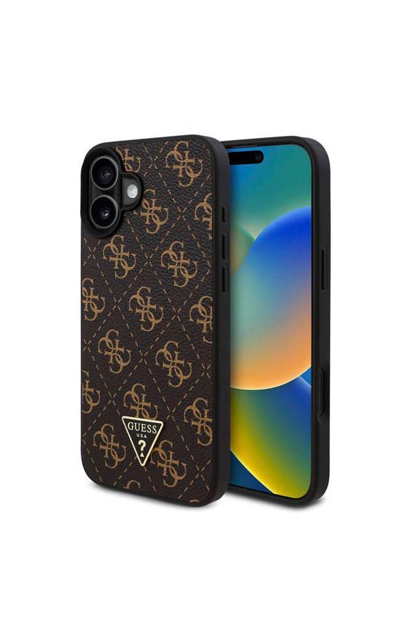 Guess İphone 16 Plus Uyumlu Kılıf Guess  Lisanslı Pu Deri 4G Desenli Üçgen Logolu Kapak Siyah - Image 1