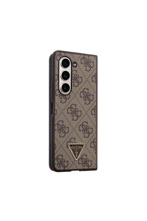 Guess Galaxy Z Fold 5 Kılıf Guess Lisanslı Pu Deri Taşlı Üçgen Logo 4G Desenli Strass Kahverengi - Image 1