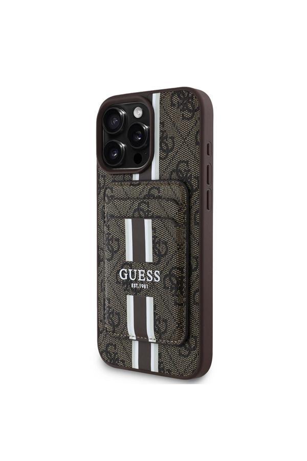 Guess İphone 16 Pro Uyumlu Kılıf Guess  Lisanslı Magsafe Özellikli 4G Desenli Çizgili Kartlıklı Kahverengi - Image 1
