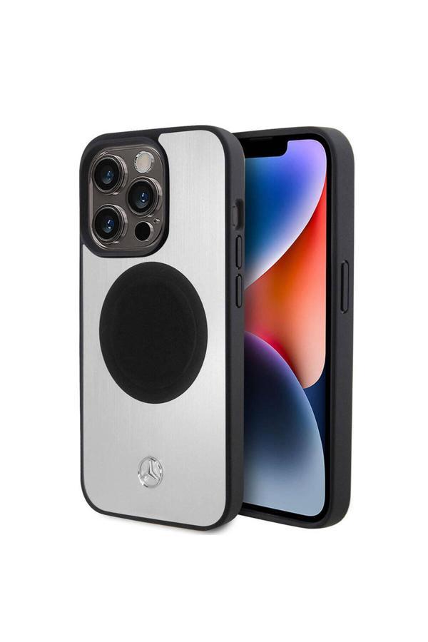 Mercedes Benz İphone 15 Pro Uyumlu Kılıf Lisans Magsafe Şarjlı Alüminyum Metal Yıldız Logolu Gümüş - Image 1
