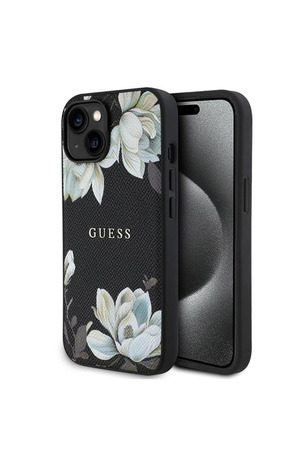 Guess İphone 15 Kılıf Guess Lisanslı M-Safe Özellikli Taneli Çiçek Tasarımlı Metal Yazı Logolu Kapak Siyah - Image 1