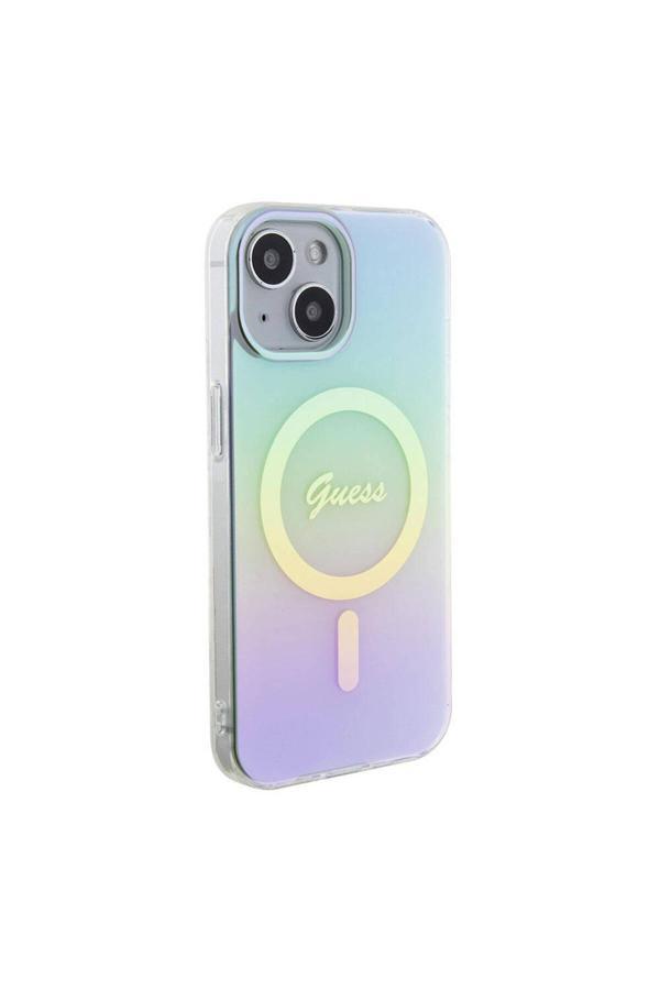 Guess İphone 15 Uyumlu Kılıf  Lisanslı Magsafe Şarj Özellikli Yazı Logolu Iridescent Turkuaz - Image 1
