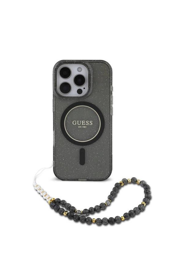 Guess İphone 16 Pro Uyumlu Kılıf Lisans Magsafe Özellik Simli Silikon İnci Bileklikli Siyah - Image 1