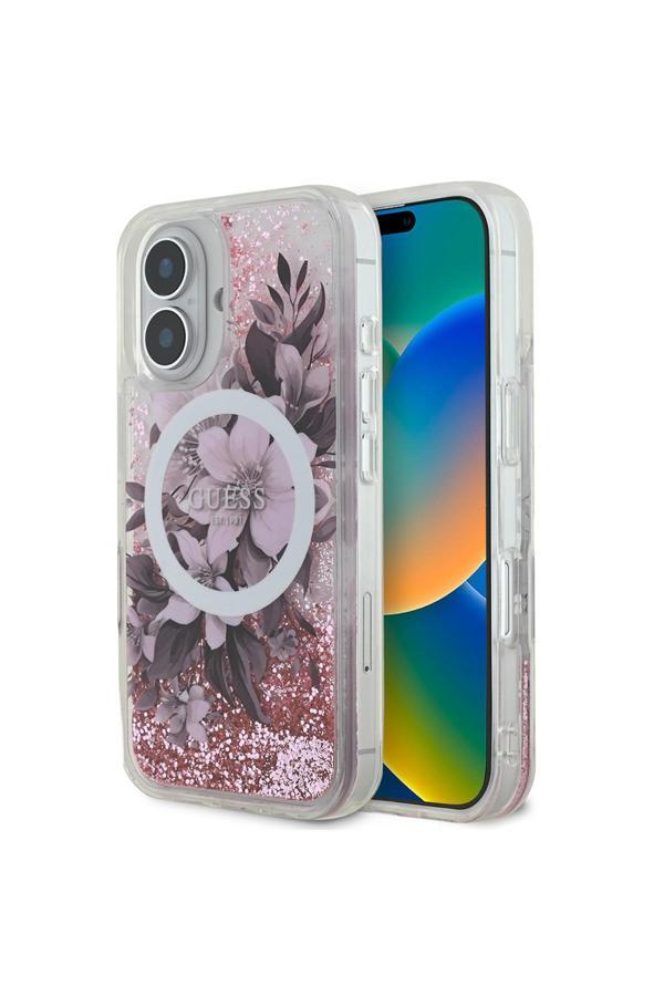 Guess İphone 16 Plus Uyumlu Kılıf Lisanslı Magsafe Şarj Özellikli Sıvılı Simli Çiçek Desenli Pembe - Image 1