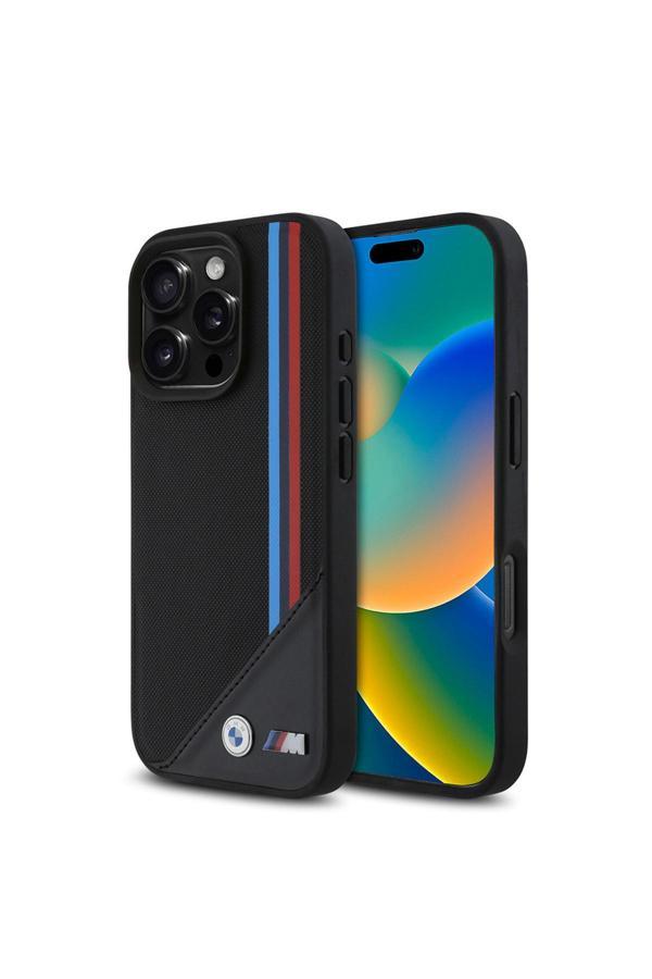 Bmw İphone 16 Pro Uyumlu Kılıf Lisanslı Magsafe Özellikli M Logolu Üç Çizgili Meshed Tricolor Stripe - Image 1