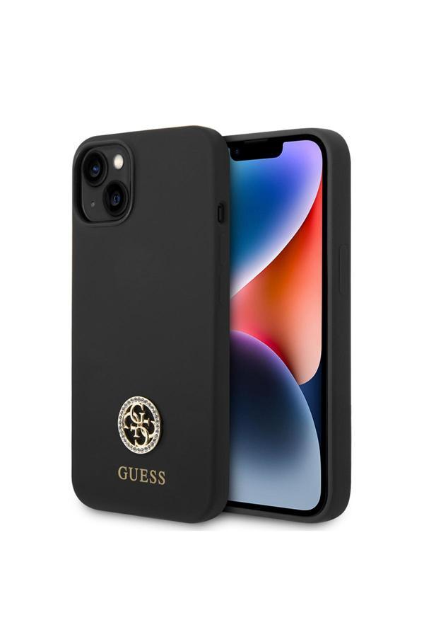 Guess İphone 14 Uyumlu Kılıf Lisanslı Yazı Ve Taşlı 4G Logolu Silikon Kapak Siyah - Image 1