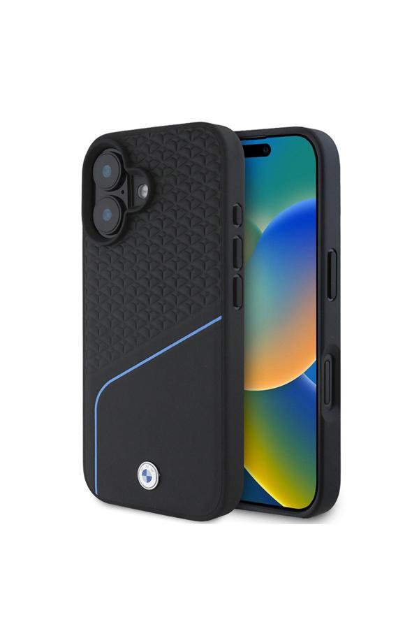 Bmw İphone 16 Kılıf Uyumlu Lisanslı Magsafe Özellikli Metal Logolu Dokulu Ve Çizgili Deri Siyah - Image 1