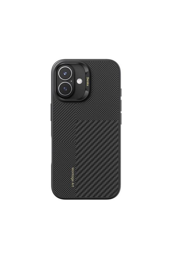 Benks İphone 16 Plus Kılıf Magsafe Şarj Özellikli Karbon Fiber Montage Hybrid Armorpro Kevlar Siyah - Image 1
