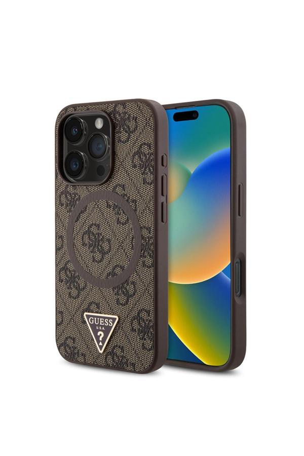 Guess İphone 16 Pro Kılıf Lisanslı Uyumlu Şarj Özellikli Pu Üçgen Logo 4G Desenli Kapak Kahverengi - Image 1