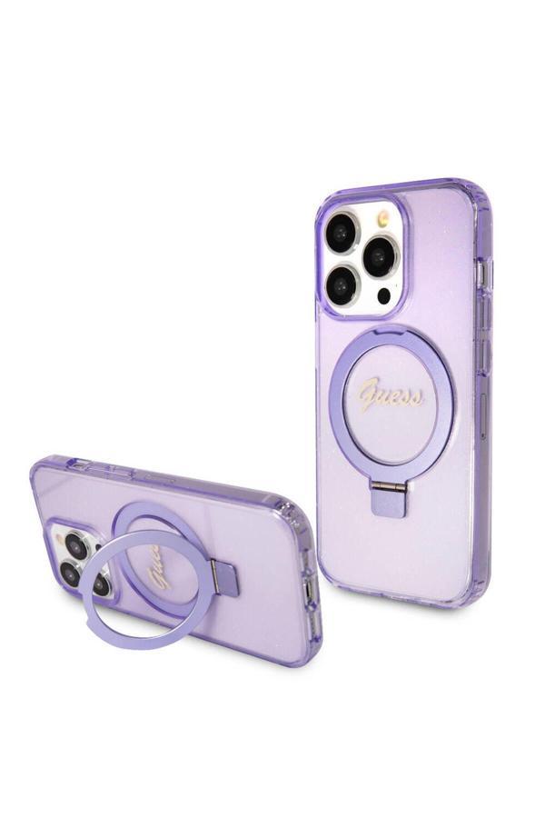 Guess İphone 15 Pro Uyumlu Kılıf Lisanslı Magsafe Özellikli Simli Ring Standlı Mor - Image 1