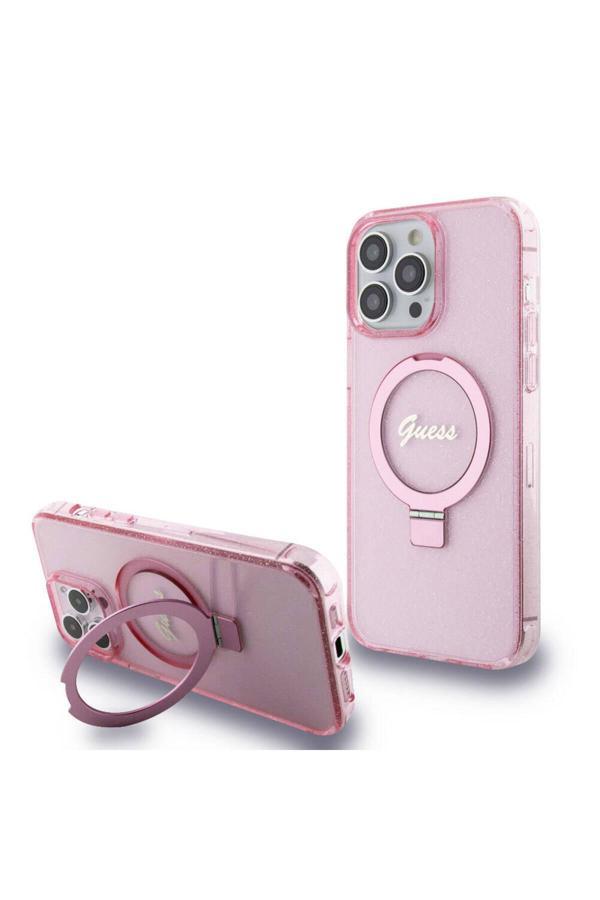 Guess İphone 15 Pro Max Uyumlu Kılıf Lisanslı Magsafe Özellikli Simli Ring Standlı Pembe - Image 1
