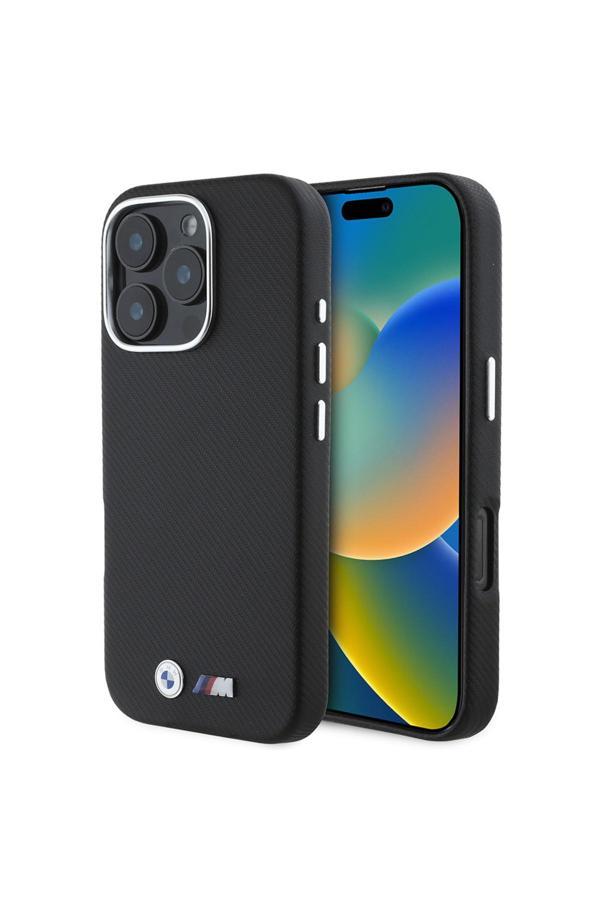 Bmw İphone 16 Pro Max Kılıf Lisanslı Tam Sarılmış Kevlar Tasarım Metal Logo Suni Deri Siyah - Image 1