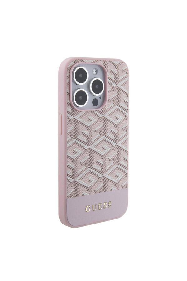 Guess İphone 15 Pro Max Uyumlu Kılıf Lisans Magsafe Şarj Özellik Yazı Logo Gcube Desen Pembe - Image 1