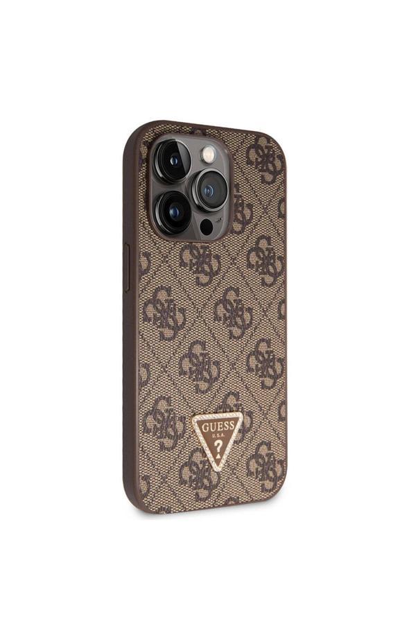 Guess İphone 14 Pro Max Uyumlu Kılıf Lisanslı Pu Deri Taşlı Üçgen Logo 4G Desen Kahverengi - Image 1
