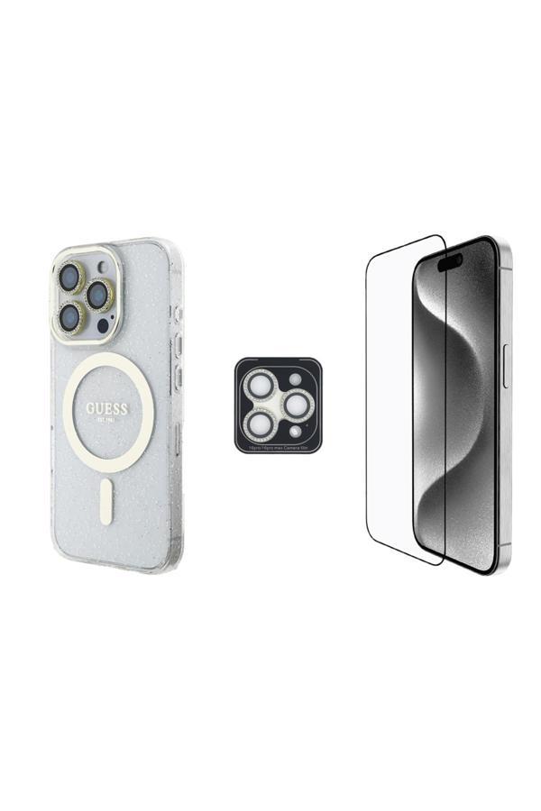 Guess İphone 16 Pro Guess Lisanslı 3'Lü Aksesuar Seti Iml Simli Kılıf Ekran Ve Lens Koruyucu Şeffaf - Image 1