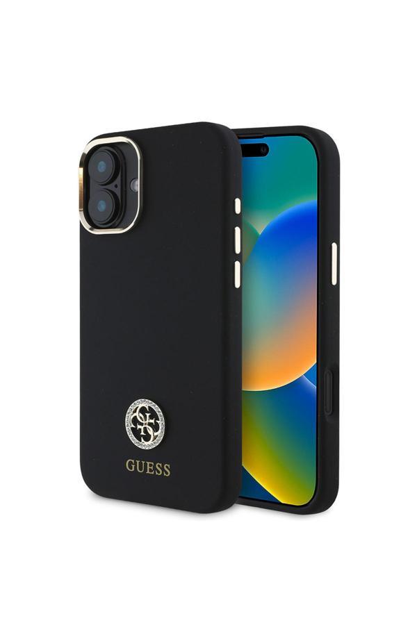 Guess İphone 16 Plus Uyumlu Kılıf Lisans Yazı Ve Taşlı 4G Logo Metal Kamera Çerçeveli Silikon Siyah - Image 1