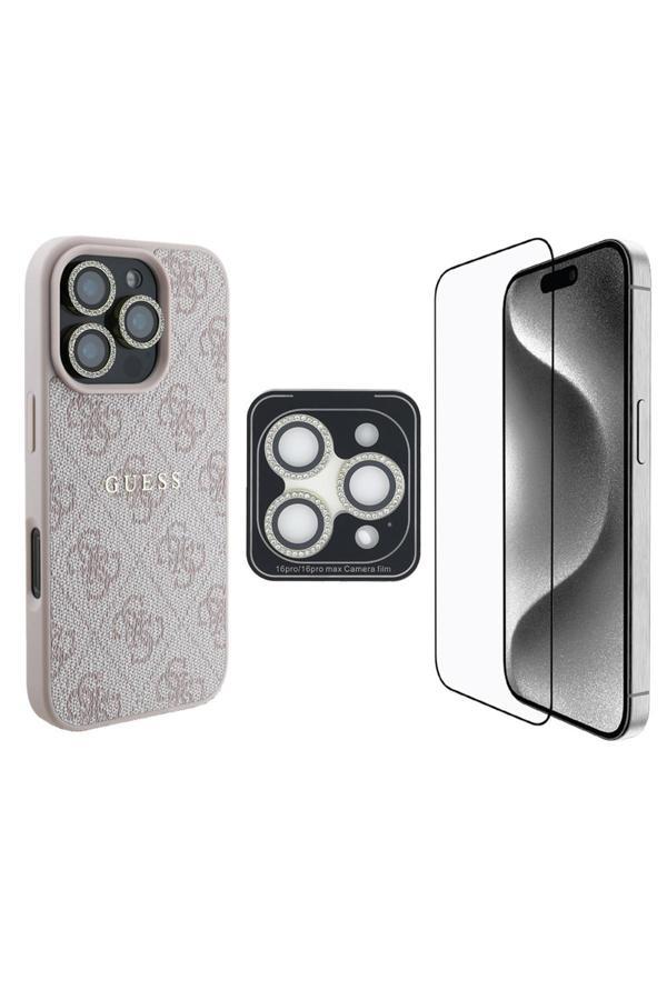 Guess İphone 16 Pro Max Uyumlu Lisanslı 3İn1 Aksesuar Seti Kılıf + Ekran Ve Lens Koruyucu Pembe - Image 1