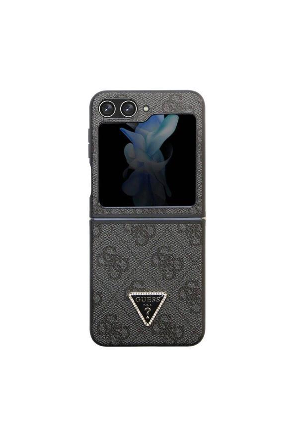 Guess Galaxy Z Flip 5 Uyumlu Kılıf Lisanslı Pu Deri Taşlı Üçgen Logo 4G Desenli Strass Siyah - Image 1