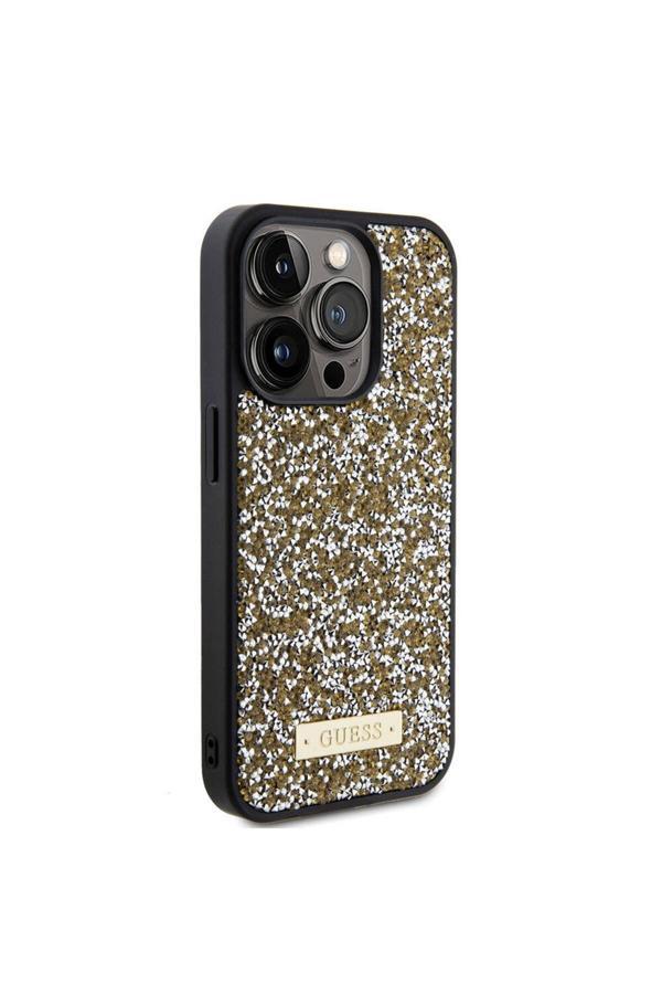Guess İphone 15 Pro Uyumlu Kılıf Lisanslı Taşlı Arka Yüzey Metal Yazı Logolu Kapak Sarı - Image 1