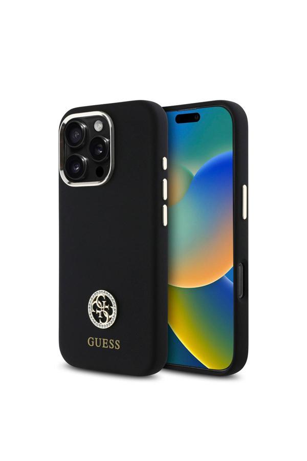 Guess İphone 16 Pro Max Uyumlu Kılıf Lisanslı Yazı Ve Taşlı 4G Logo Metal Kamera Çerçeveli Siyah - Image 1