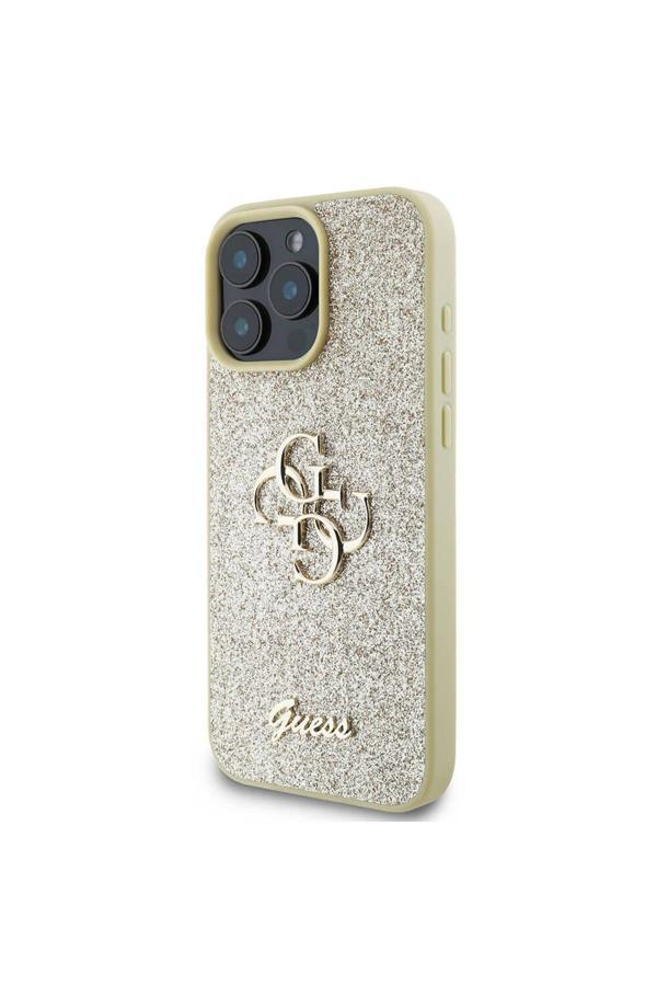 Guess İphone 16 Pro Max Uyumlu Kılıf Lisanslı 4G Büyük Metal Logolu Glitter Kapak Gold - Image 1