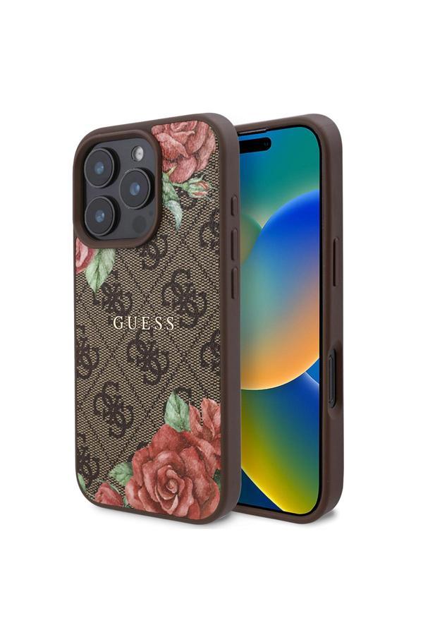 Guess İphone 16 Pro Kılıf Lisanslı Magsafe Şarj Özellikli Gül Baskılı Yazı Logolu Kapak Kahverengi - Image 1
