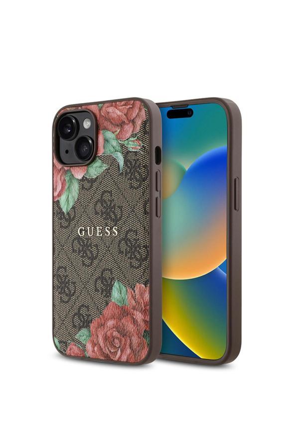 Guess 14 Kılıf Lisanslı Magsafe Şarj Özellikli Gül Baskılı 4G Desenli Yazı Logolu Kahverengi - Image 1