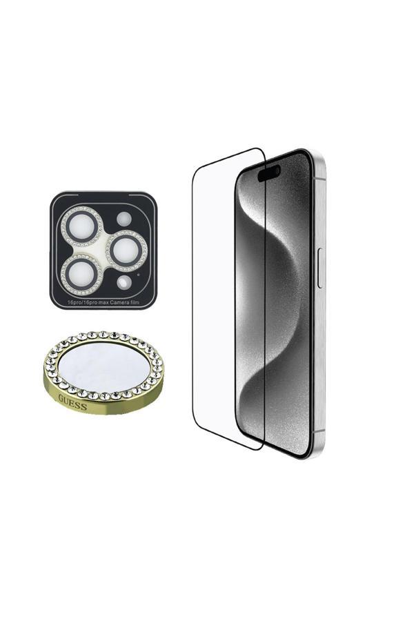 Guess İphone 16 Pro Max Uyumlu Lisanslı Rhinestone Ekran Ve Lens Koruyucu 2İn1 Aksesuar Seti Gold - Image 1