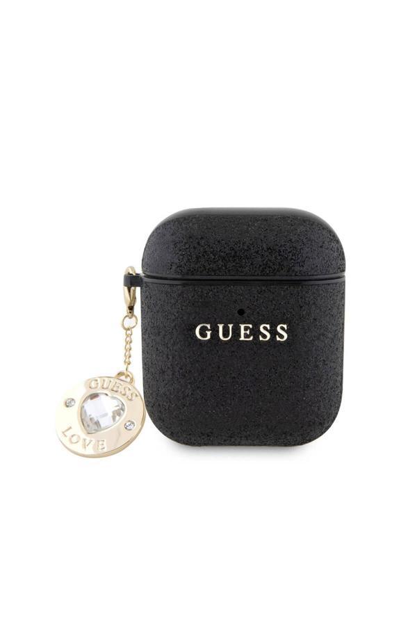 Guess Uyumlu Kılıf Lisanslı Glitter Elmas Kalp Süs Zincirli Siyah - Image 1