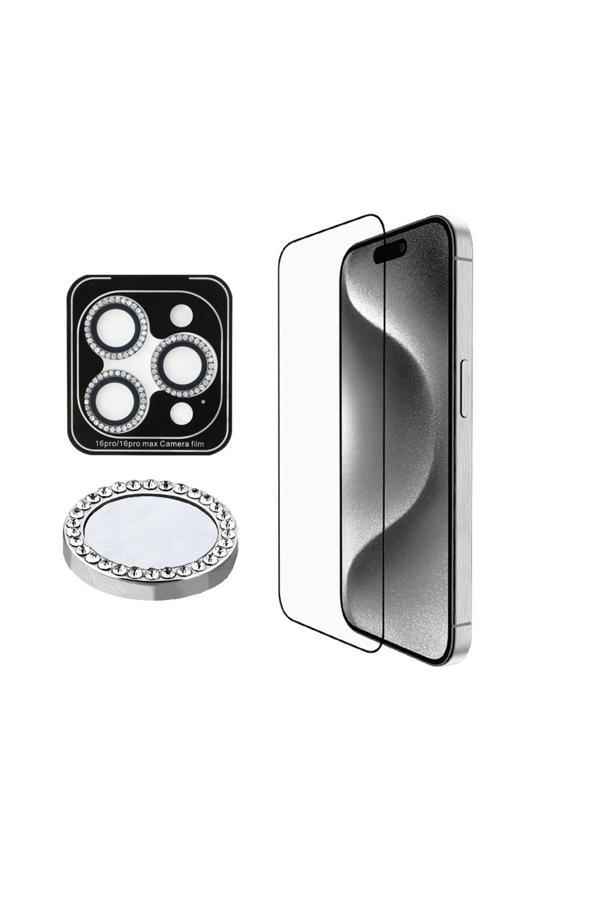 Guess İphone 16 Pro Uyumlu Lisanslı Rhinestone Ekran Ve Lens Koruyucu 2İn1 Aksesuar Seti Gümüş - Image 1