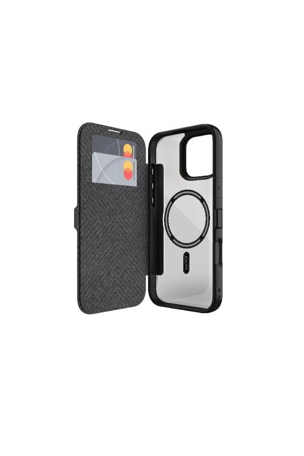 Raptic İphone 16 Plus Kılıf Magsafeli Vegan Deri Şeffaf Kartlıklı Raptic Urban Folio Serisi Kapak Siyah - Image 1