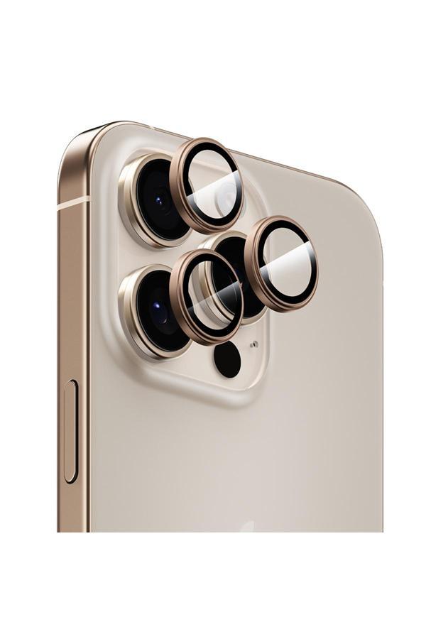 Benks 16 Pro Max Uyumlu  Parlama Önleyici Metal Kamera Lens Koruyucu Titanyum-Gold - Image 1