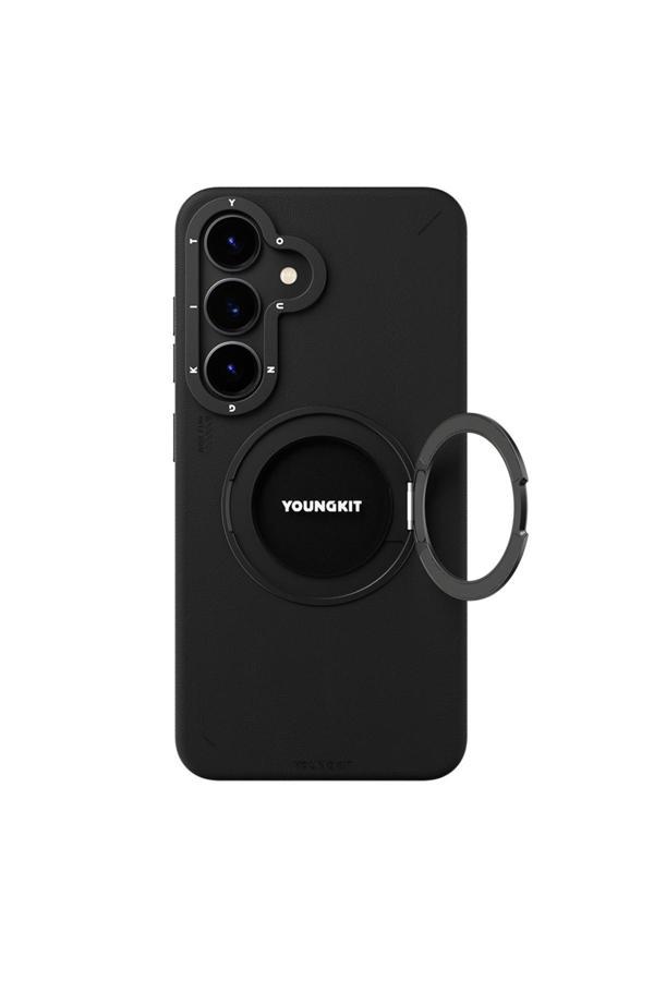 Youngkit Galaxy S25 Kılıf Magsafe Uyumlu 360 Standlı Mat Deri Desenli Tech Leather Kapak Siyah - Image 1