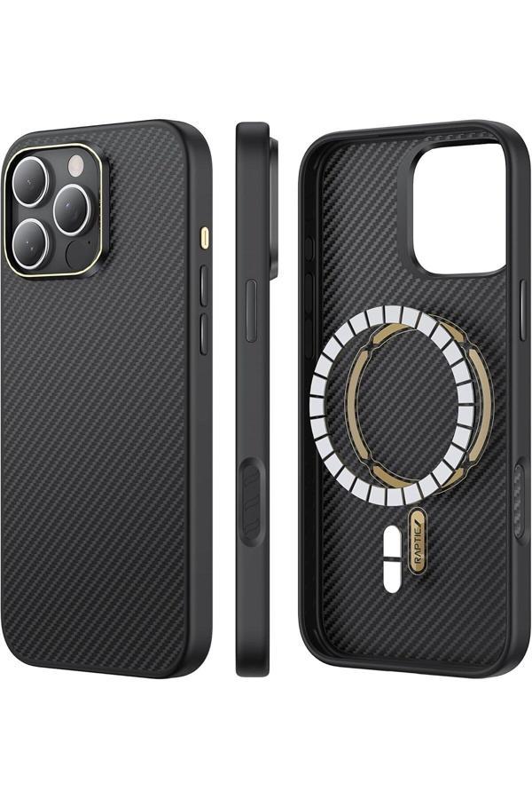 Raptic İphone 16 Pro Kılıf Magsafe Uyumlu 600D Aramid Fiber Serisi Kapak Siyah - Image 1