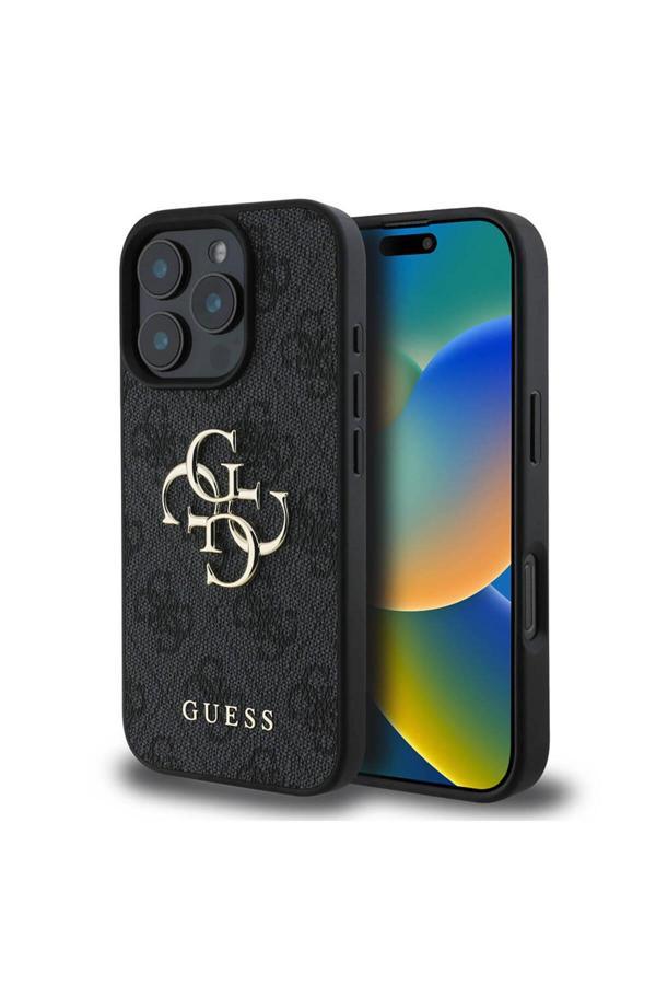 Guess İphone 16 Pro Max Kılıf Guess  Lisanslı Pu Deri 4G Desen Metal Büyük 4G Ve Yazı Logolu Siyah - Image 1