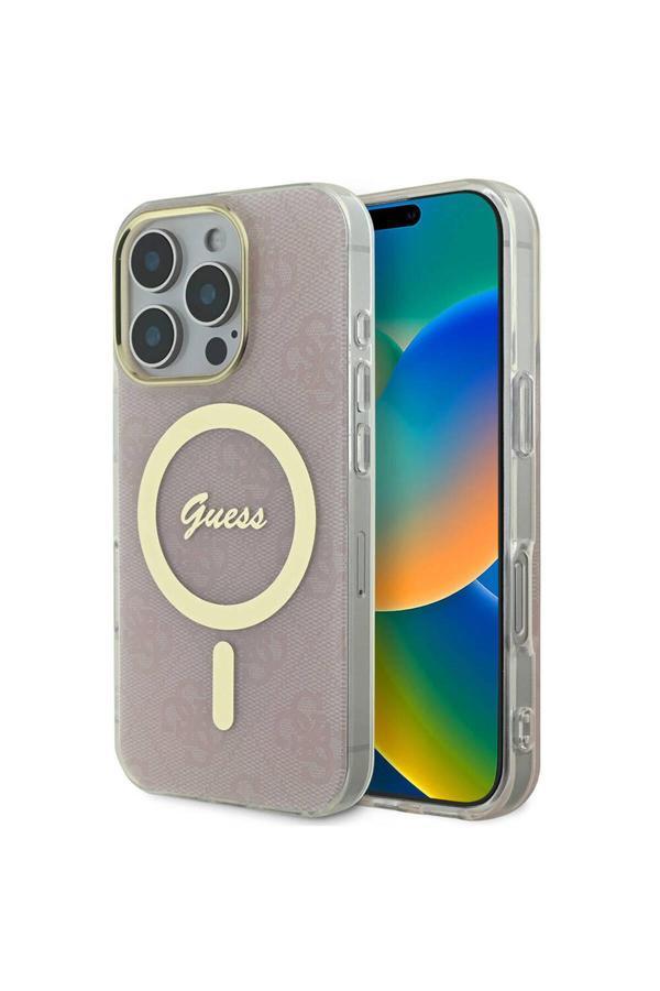 Guess İphone 16 Pro Uyumlu Kılıf Lisanslı Magsafe Şarj Özellikli Yazı Logo 4G Desenli Pembe - Image 1