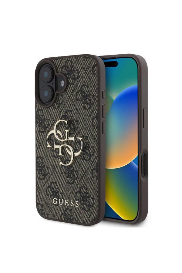Guess İphone 16 Plus Kılıf Lisanslı Pu Deri 4G Desen Metal Büyük 4G Ve Yazı Logo Kahverengi - Image 1