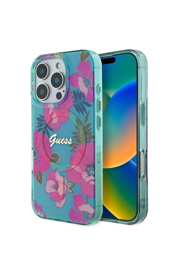Guess İphone 16 Pro Max Uyumlu Kılıf Lisanslı Magsafe Özellik Flower Tone On Tone Ring Pembe - Image 1