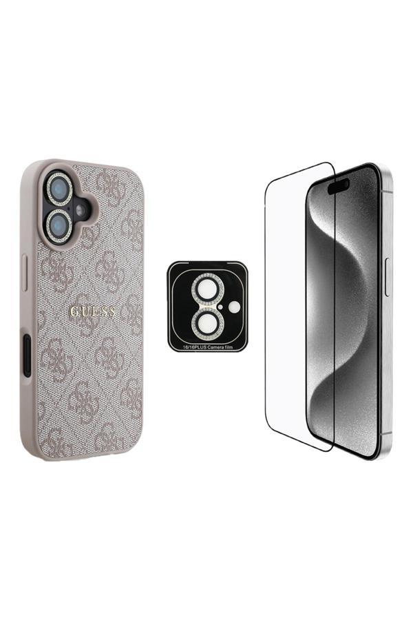 Guess İphone 16 Lisanslı 3'Lü Aksesuar Seti Kılıf-Ekran Koruyucu-Lens Koruyucu Pembe - Image 1
